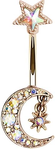 Pierce2GO Crystal Moon Belly Button Ring - 14G Surgical Steel Belly Button Ring Moon Pendant with Hanging Star - Belly Button Rings Piercing for Women – 7/16” (Rose Gold)