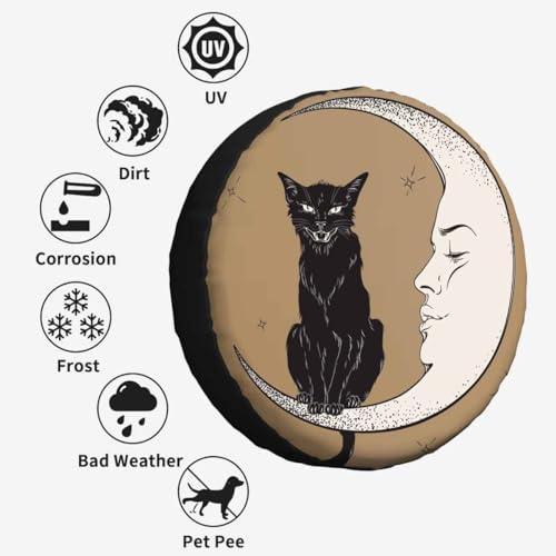 Image of Black Cat Moon Spare Tire Cover for RV Trailer Halloween Magical Cat Wheel Protectors Weatherproof Polyester Tire Case for All Cars SUV Camper Travel 15 inch