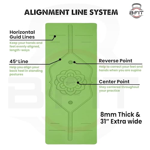 Image of B Fit 8 MM Thick Wide 31x72 Inch Original TPE Yoga Mat - Free Yoga Bag and Strap Included - With Alignment System, Non-slip, Eco-friendly, sweat-resistant (Green-Grey)