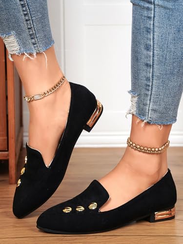 Women's Black Suede Flats with 3D Floral & Sequins – Elegant Pointed-Toe Ballet Shoes with Metallic Heel Detail, Romantic Casual Flats for Dates & Daily Wear3