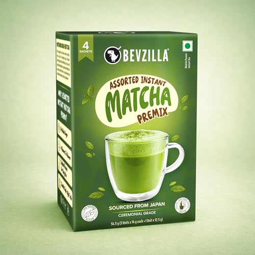 Image of Bevzilla Instant Matcha Premix 4 Assorted Sachets | Ceremonial Grade Green Tea | No Added Sugar | Smooth Energy Drink Mix | Single Serve | Hot & Cold Matcha Anytime