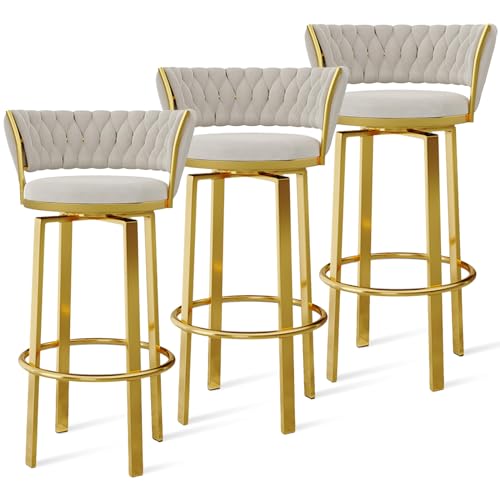 Juego de 4 taburetes giratorios de terciopelo de 360°, parte trasera abierta con diseño tejido, reposapiés dorado, elegantes sillas de comedor para isla de cocina y pub