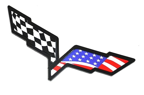 Image of 2Pcs Front Hood & Rear Fascia Crossed Flags Emblems Car Badge Replacement for 2005-2013 Corvette C6 (US Flag-Black)