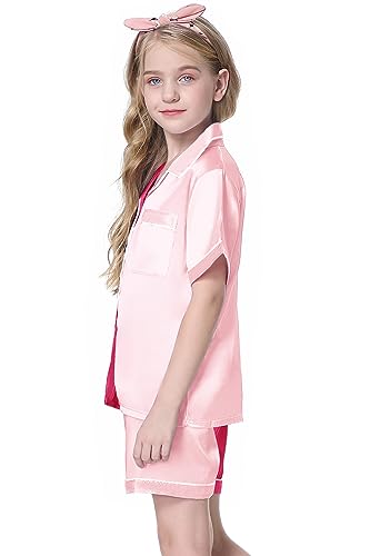 Image of Schbbbta Girls Womens Pajamas, Satin Silky Pjs Set Kids 2Pcs Button-Down Nightwear Sleepwear Gift for Mommy and me