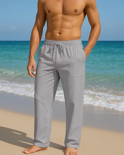 Image of PIDOGYM Mens Cotton Linen Pants, Summer Beach Pants Casual Loose Fit with Elastic Waist Drawstring