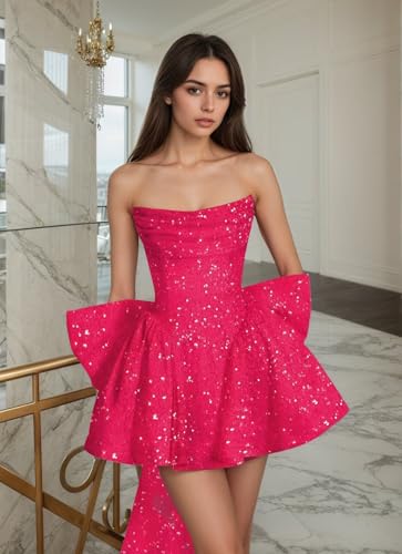 PAVERJER Short Homecoming Dresses for Teens 2025 with Bow Strapless Sparkly Sequin Corset A-Line Cocktail Party Dress4