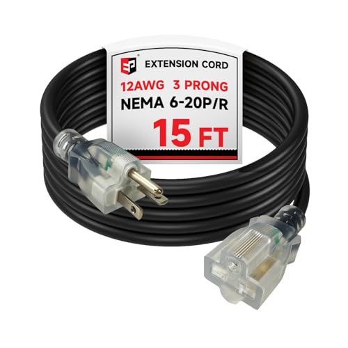 EP 15 Ft 12/3 SJTW Outdoor Extension Cord NEMA 6-20 P/R 20A 250V Black