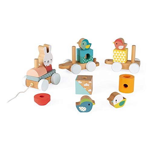 Image of Janod Pure 2-in-1 Beech & Cherry Wood Train Pull-Along & Activity Stacker for Motor Skills & Active Play