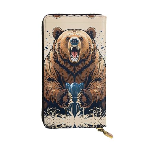 Women's Long Cash Wallet, PU Leather Elegant Clutch Change Purses with Zipper, Travel, Gifts (Powerful Bear Print)