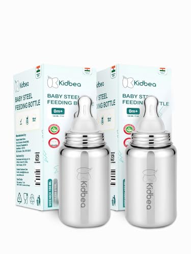 Image of Kidbea Stainless Steel Feeding Bottle 150ml for Babies | BPA Free, Food Grade, Leakproof | Anti-Colic Nipple | Safe & Durable Baby Milk Feeder (Pack of 2)