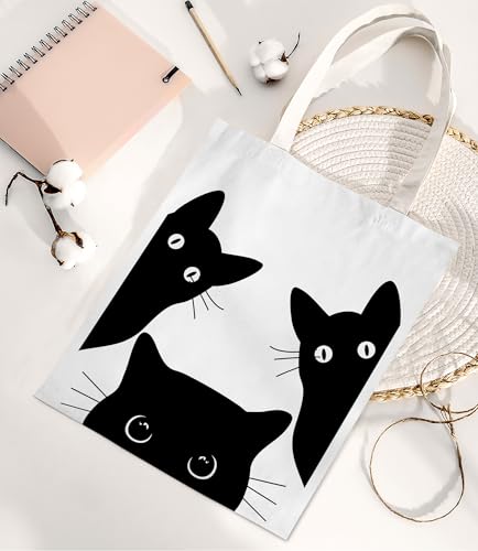 Image of Cute Cat Canvas Tote Bag for Women, Aesthetic Reusable Shoulder Bag for Shopping Travel Work
