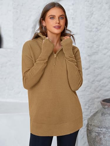 Image of PRETTYGARDEN Womens Long Sleeve Quarter Zip Pullover Sweater | Casual Loose V Neck Sweaters with Thumb Hole, Collared Ribbed Knit Jumper Tops, Oversized Tunic Tops, Fall Outfits 2026