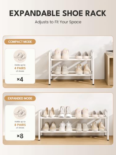 Image of Bumusty 2-Tier Expandable Shoe Rack for Closet, 18 inch-33 inch Adjustable Shoe Rack for Small Space, Small Shoe Organizer for Front Door, Sturdy Metal, White