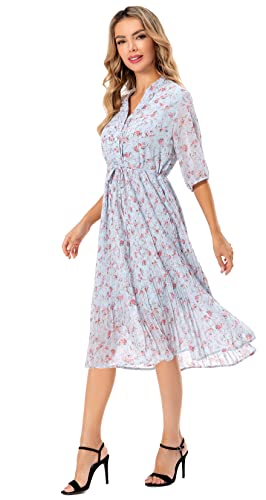 Image of Shineflow Women's Short Sleeve V-Neck 3 /4 Sleeve Button Up Chiffon Floral Pleated Midi Swing Dress with Belt