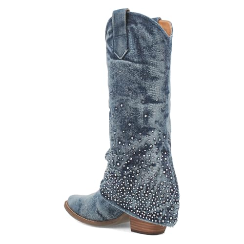 Seborluys Rhinestone Denim Cowboy Boots for Women Sparkly Cowgirl Booties Fold Over Jean Boots for Women Mid-Calf Western Booties4