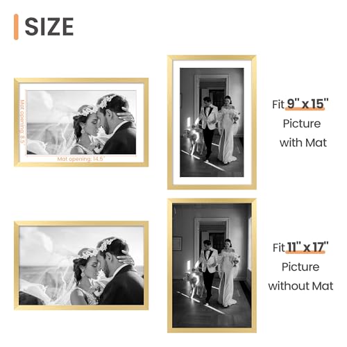 Image of upsimples 11x17 Picture Frame, Display Pictures 9x15 with Mat or 11 x 17 Without, Wall Hanging Poster Frames, Gold, 1 Pack