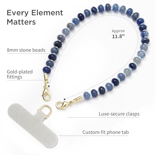 Posadina Handykette aus Naturstein, Handmade kurzer Handyanhänger mit Perlen, Beaded Handyband Phone Charm mit passgenauer Lasche