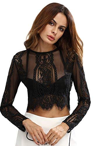 MakeMeChic Women's Scallop Trim Sexy Sheer Blouse Mesh See Through Lace Crop Top Black XL