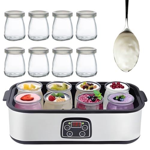 Yogurtera Eléctrica de 1400 Ml, 60 Oz X 8 Vasos de Vidrio, Pantalla Led, Temperatura y Tiempo Ajustables, para Preparar Yogur Orgánico, Natto y Postres