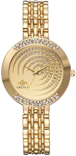 Damenuhr Quarz-Armbanduhr mit rundem Zifferblatt eingelegt fünf Kreise Strass Bling Uhr mit Schnalle Armband für Elegante Frauen Gold