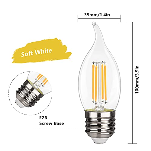 Ruiaotd Candelabra Led Light Bulb Ca11 Led Chandelier Light Bulbs 4 Watt Equivalent 60W 2700K Warm White 450Lm E26 Base Led Filament Candle Bulb Ca11 (C35) Clear Glass Flame Shape 6 Pack #TOP1