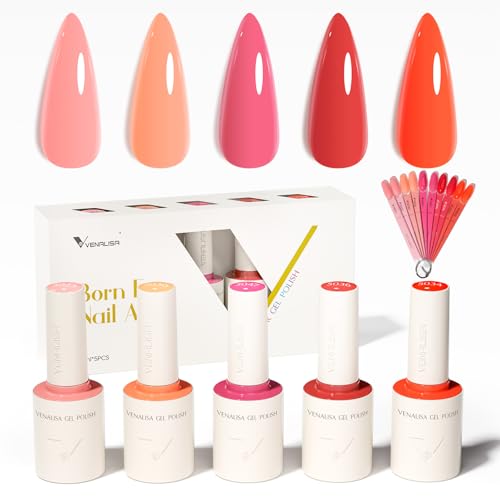 VENALISA Gel Nail Polish Set 5 Colours Neon Light Pink Coral Orange Tomato Red Colors with a DIY Nail Tips & Colored Labels Collection Soak Off UV Gel Classic Nail Art Manicure for Holidays 2501