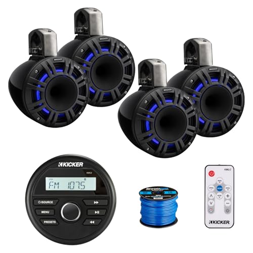 Kicker 46KMC2 Marine Gauge Style USB Bluetooth AM/FM Stereo Media Center Receiver, 4X 8 500 Watt Peak Power Multicolor LED Horn-Loaded (HLCD) Tower Speakers (Black) with LED Remote, 50 Feet Wire