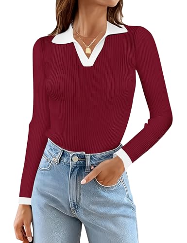 Image of Rapbin Women's V Neck Long Sleeve Ribbed Knit Pullover Sweater Slim Fitted Casual Basic Tee Tops