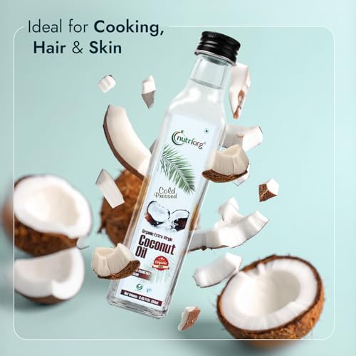 Image of NutriOrg Extra Virgin Coconut Oil 250mL | Cold Pressed, 100% Organic & Pure | Right for Cooking, Massage and oil pulling | Multipurpose use for skin and hair