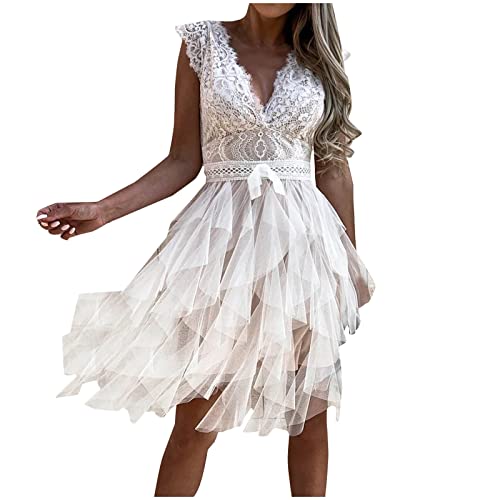 Weißes Sommerkleid für Damen Langarm/Ärmellos V-Ausschnitt Spitzenkleid...