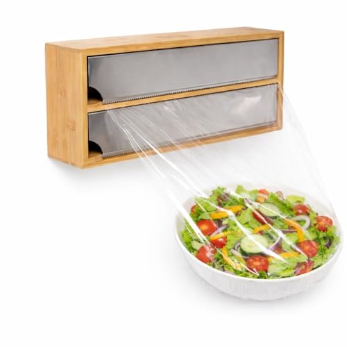 Quttin | Dispensador de Bambu Aluminio y Film 33.5x13x5.5 cm Tamaño óptimo Portarrollos Papel Cocina - Dispensador Papel Aluminio y Film Organizador de Cocina