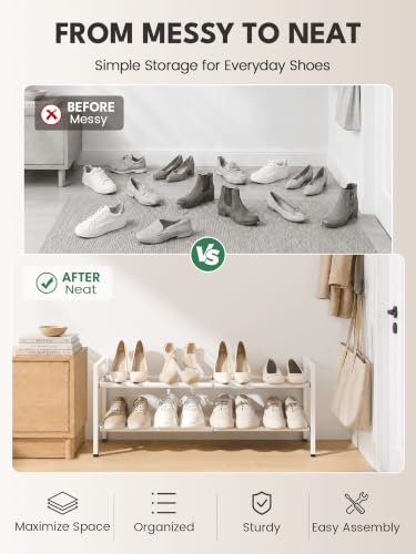 Image of Bumusty 2-Tier Expandable Shoe Rack for Closet, 18 inch-33 inch Adjustable Shoe Rack for Small Space, Small Shoe Organizer for Front Door, Sturdy Metal, White