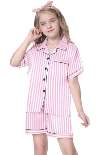 Image of Schbbbta Girls Womens Pajamas, Satin Silky Pjs Set Kids 2Pcs Button-Down Nightwear Sleepwear Gift for Mommy and me