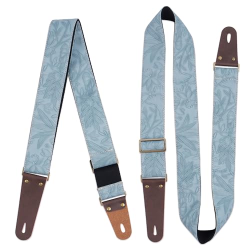 Czzmy Adjustable Guitar Strap Includes 2 Strap Locks & 2 Matching Picks.Leather ends Guitar Shoulder Strap Suitable for Acoustic Guitar,Electric Guitar,Gift for Guitarist(1-Carved Light Blue) - Image 2