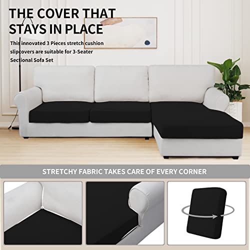 Image of Easy-Going Stretch 3 Pieces Couch Cushion Covers for Sectional Sofa L Shape | 2 Seater + 1 Chaise Lounge Left /Right L Sofa Seat slipcover Anti-Slip Sofa Cover Soft Black
