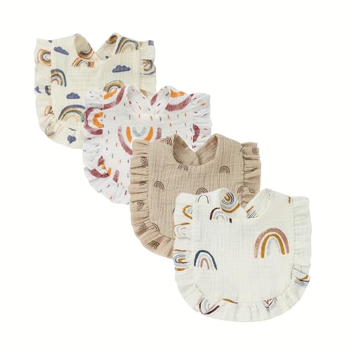 Image of LULLASONG 4 Pack Solid Muslin Baby Bibs - Bandana Drool Absorbent Cotton for Unisex Boys Girls - Soft Adjustable Teething Feeding Drooling
