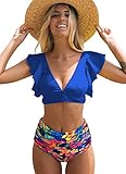 SPORLIKE Women Ruffle High Waist Swimsuit Two Pieces Push Up Tropical Print Bikini(Print 33,Large)