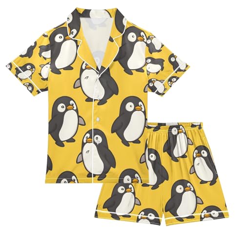 Cute Chubby Penguin Satin Summer Pajama Sets Silk Short Sleeve Button Down Sleepwear