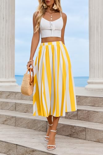 Image of Cicy Bell Womens Summer Striped Maxi Skirts A-Line Beach Vacation Outfits | Elastic Waist, Side Pockets, Flowy, Midi Length, Color Contrast, Trendy Casual