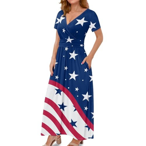 Image of Women's Fall Summer Short Sleeve Ankle Length V-Neck Party Dress with Pockets Size S-3XL