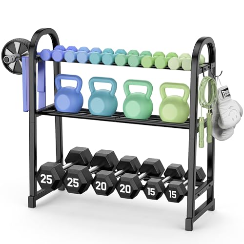 YaDonpe 3 Tier Dumbble Rack - 360LB Capacity Adjustable Dumbbell Storage Rack Space-Saving Home Gym Weight Rack For Dumbbells And Kettlebells With Hooks (Dumbbell Rack Stand Only)（Matte Black （29.96''Length））