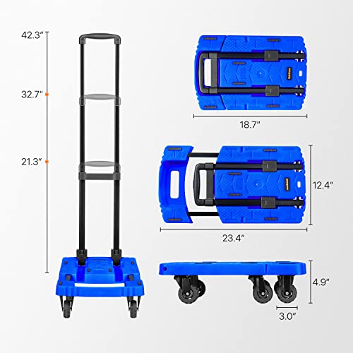 Image of MoNiBloom Folding Hand Truck with 6 Wheels, Adjustable Handle Collapsible Utility Trolley for Car Luggage House Office, 441 lbs Load Capacity, Blue