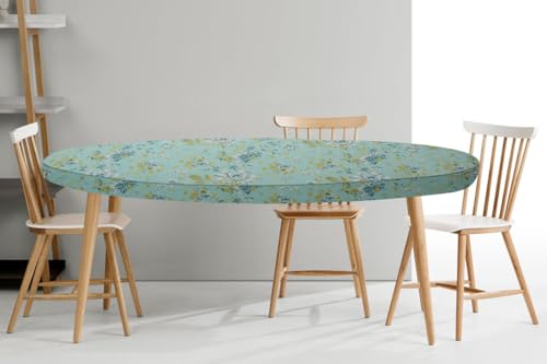 Image of The Furnishing Tree Elastic Cotton Oval Dining Table Cover 36x48 in Inches Floral Golden Leaf on Blue Base