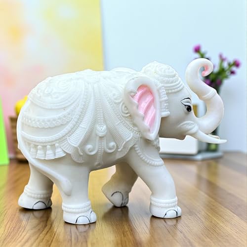 Elegant White Jumbo Elephant Statue Trunk Up | Handcrafted Marble Dust Decorative Piece for Prosperity Good Fortune | Impressive Housewarming & Diwali Gift (8 x 10.5 inch) — photo — 7 of 9