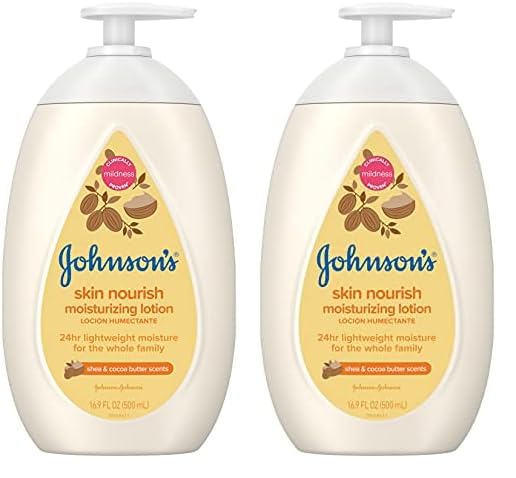 Johnson's Baby Skin Nourish Moisturizing Baby Lotion for Dry Skin with Shea & Cocoa Butter Scents, Gentle & Lightweight Body Lotion for The Whole Family, Hypoallergenic, Dye-Free, 16.9 fl. oz