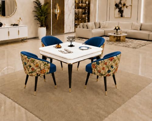 Image of WOODEN SPACE 4 Seater Wooden Dining Table Set | Urban Marble Top Dining Table with Chairs for Dining Room & Kitchen (Modern Classic Printed Navy Blue) (42 x 42 x 30 inch)