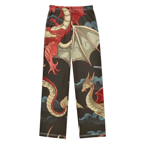 Flying Dragon Print Boys Long Pants Soft Trousers Elastic Waist Kids Lounge Bottoms with Pockets S-XL