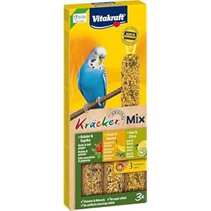 Vitakraft Kräcker Mix, Vogelsnack, für Wellensittiche, Knabberstangen, mit Kräutern und Paprika, mit Kiwi und Citrus, mit Banane und Sesam, ohne Zusatz von Zucker (1x 3 Stück)