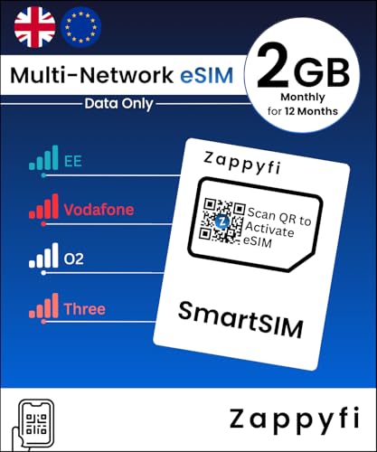 Image of Zappyfi Data-Only Multi-Network eSIM, Auto-Connects EE, O2, Vodafone & Three, 4G/5G Prepaid PAYG, UK & 25+ Europe Roaming, for Compatible eSIM Devices (2GB Per Month | 12 Months)