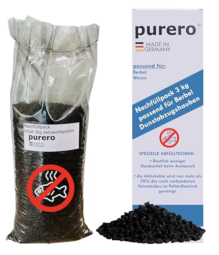 purero® Aktivkohle 3,0 kg Nachfüllpack - passend für Berbel Dunstabzugshauben - mit Anti-Fisch-Beschichtung – Aktivkohlepellets - Made in Germany